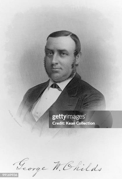 Engraving depicting George William Childs , publisher who co-owned the Philadelphia Public Ledger newspaper with financier Anthony Joseph Drexel,...