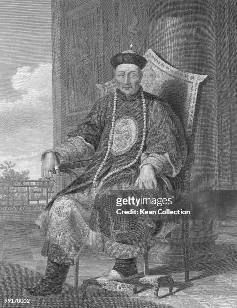 Engraving depicting Qianlong Emperor Tchien Lung , fifth emperor of the Manchu-led Qing Dynasty, and the fourth Qing emperor to rule over China,...