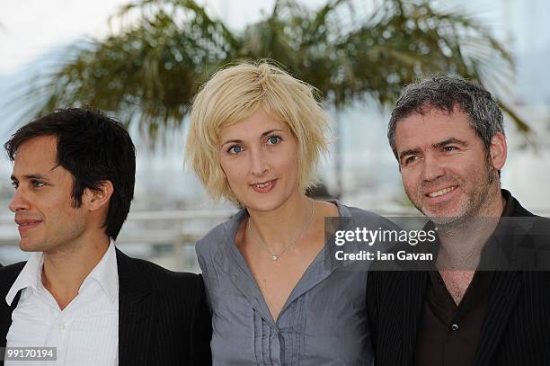 Camera d'Or Jury President Gael Garcia Bernal with jury members Charlotte Lipinska and Stephane Brize attend the 'Camera d'Or Jury' Photocall at the...