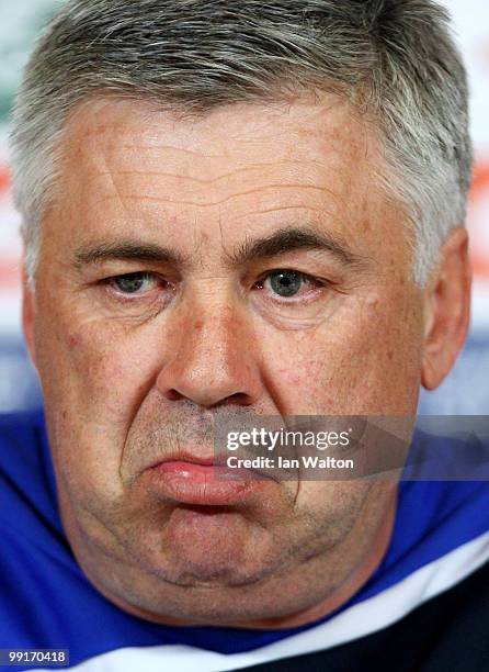 Carlo Ancelotti manager of Chelsea speaks to the media during a press conference at the Cobham Training Ground on May 13, 2010 in Cobham, England.