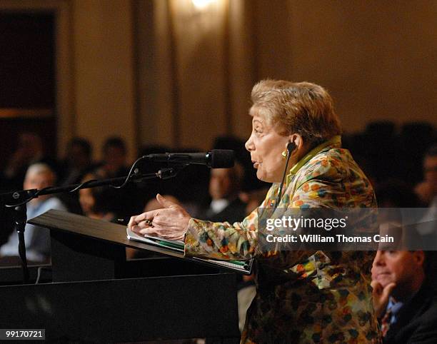 Ford shareholder Evelyn Y. Davis speaks to board members during the Ford Annual Shareholder Meeting at the Hotel DuPont on May 13, 2010 in...