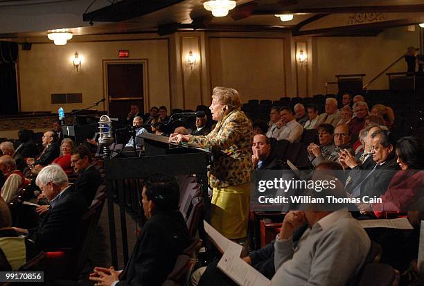 Ford shareholder Evelyn Y. Davis speaks to board members during the Ford Annual Shareholder Meeting at the Hotel DuPont on May 13, 2010 in...