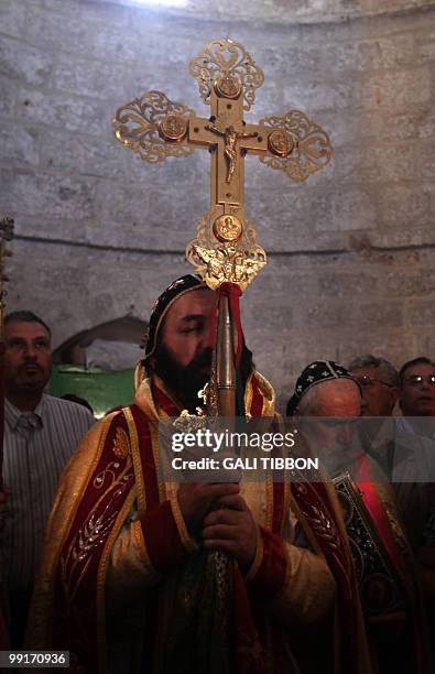 Syrian Orthodox Archbishop of Jerusalem, Swerios Malki Murad leads a procession for at the Chapel of the Ascension on Mount of Olives in Jerusalem on...
