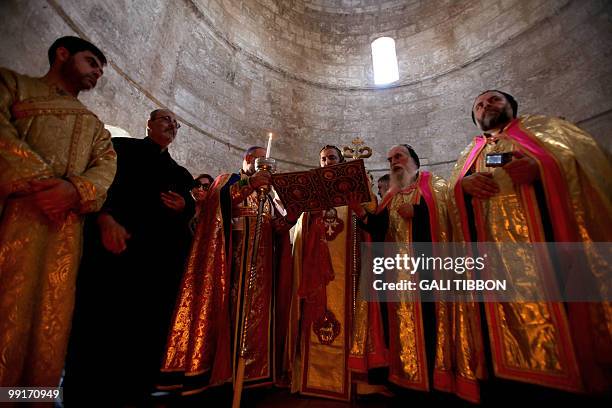 Syrian Orthodox Archbishop of Jerusalem, Swerios Malki Murad leads a procession for at the Chapel of the Ascension on Mount of Olives in Jerusalem on...