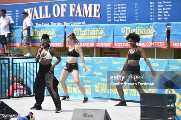 Ella Rene performs at the Nathan's Hot Dog Eating Contest on July 4, 2018 in the Coney Island neighborhood of the Brooklyn borough of New York City.