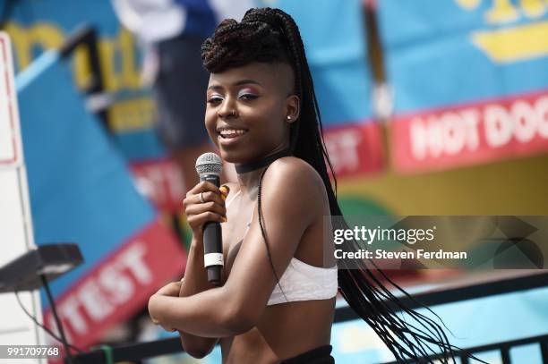 Ella Rene performs at the Nathan's Hot Dog Eating Contest on July 4, 2018 in the Coney Island neighborhood of the Brooklyn borough of New York City.