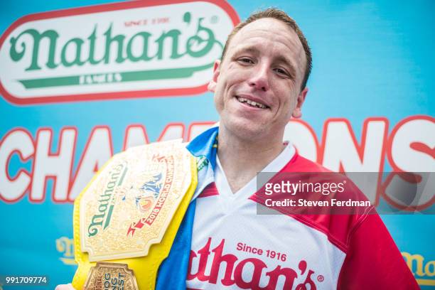 Joey Chestnut wins the 2018 Nathan's Hot Dog Eating Contest and sets a new record of eating 74 hot dogs in 10 minutes on July 4, 2018 in the Coney...