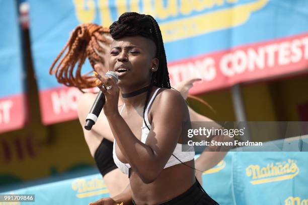 Ella Rene performs at the Nathan's Hot Dog Eating Contest on July 4, 2018 in the Coney Island neighborhood of the Brooklyn borough of New York City.