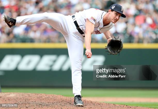 Nick Rumbelow of the Seattle Mariners pitches against the Los Angeles Angels of Anaheim in the fifth inning during their game at Safeco Field on July...