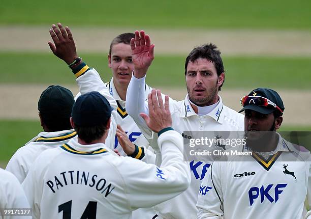 Paul Franks of Nottinghamshire celebrates dismissing Ben Stokes of Durham during day four of the LV County Championship match between Nottinghamshire...