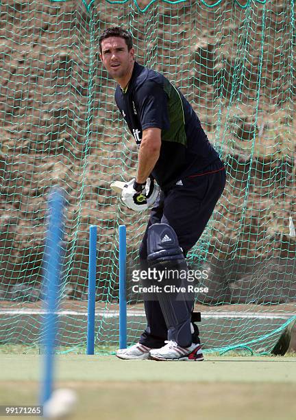 Kevin Pietersen of England practices in the nets ahead of the semi final of the ICC World Twenty20 between England and Sri Lanka at the Beausjour...