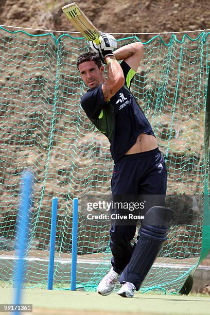 Kevin Pietersen of England practices in the nets ahead of the semi final of the ICC World Twenty20 between England and Sri Lanka at the Beausjour...