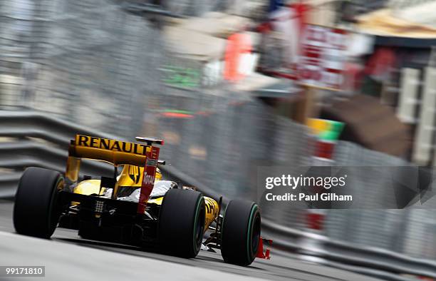 Robert Kubica of Poland and Renault drives during practice for the Monaco Formula One Grand Prix at the Monte Carlo Circuit on May 13, 2010 in Monte...