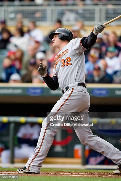 Matt Wieters of the Baltimore Orioles bats against the Minnesota Twins at Target Field on May 8, 2010 in Minneapolis, Minnesota. The Orioles beat the...