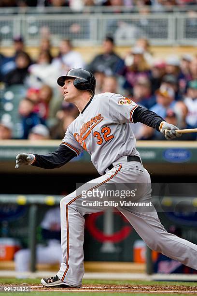 Matt Wieters of the Baltimore Orioles bats against the Minnesota Twins at Target Field on May 8, 2010 in Minneapolis, Minnesota. The Orioles beat the...