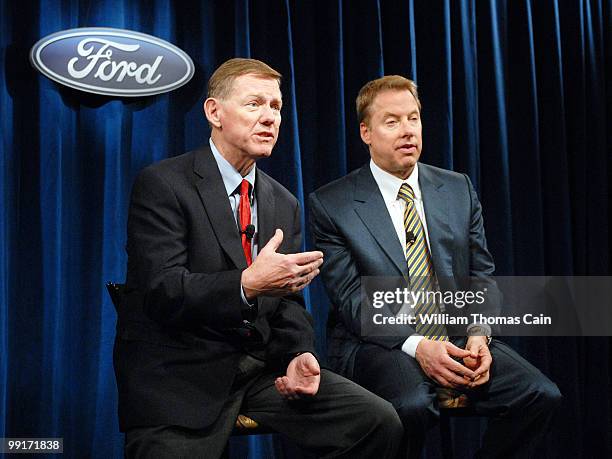 Chief Executive Officer of Ford Motor Company Alan Mulally and Executive Chairman for Ford Motor Company Bill Ford speak with the media after the...