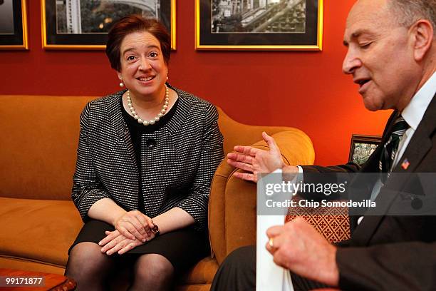 Sen. Charles Schumer meets with U.S. Solicitor General and Supreme Court nominee Elena Kagan in his personal office in the Hart Senate Office...