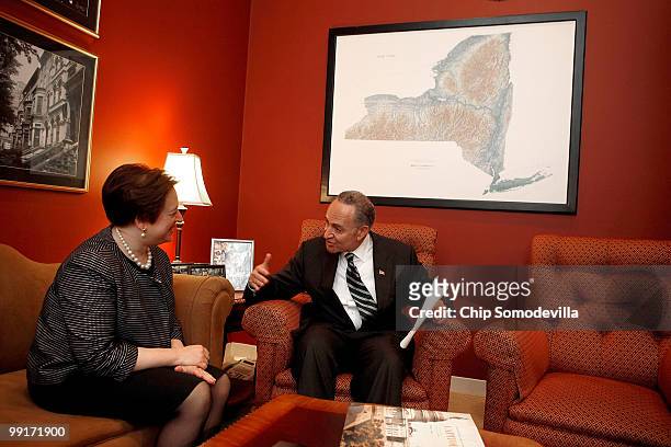 Sen. Charles Schumer meets with U.S. Solicitor General and Supreme Court nominee Elena Kagan in his personal office in the Hart Senate Office...