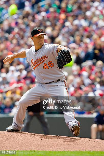 Starting pitcher Jeremy Guthrie of the Baltimore Orioles throws against the Minnesota Twins at Target Field on May 8, 2010 in Minneapolis, Minnesota....