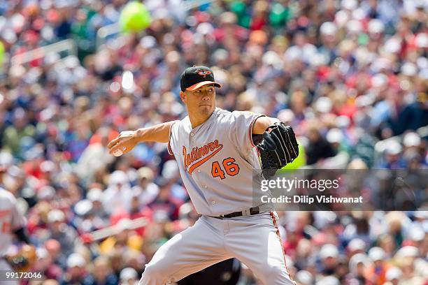 Starting pitcher Jeremy Guthrie of the Baltimore Orioles throws against the Minnesota Twins at Target Field on May 8, 2010 in Minneapolis, Minnesota....