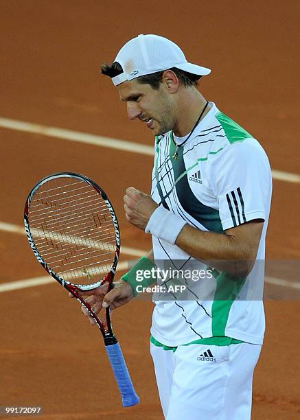 Austrian Jurgen Melzer reacts during play against Spaniard Fernando Verdasco during their Madrid Masters match on May 13, 2010 at the Caja Magic...