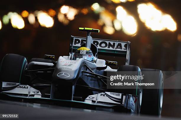 Nico Rosberg of Germany and Mercedes GP drives during practice for the Monaco Formula One Grand Prix at the Monte Carlo Circuit on May 13, 2010 in...