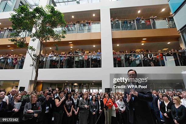 Prime Minister David Cameron delivers a speech to civil servants during a visit to the Home Office on May 13, 2010 in central London. Britain's new...