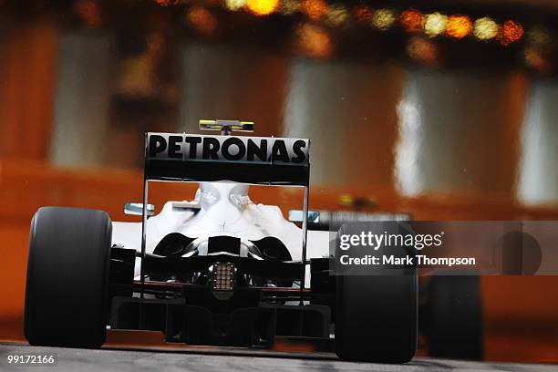 Nico Rosberg of Germany and Mercedes GP drives during practice for the Monaco Formula One Grand Prix at the Monte Carlo Circuit on May 13, 2010 in...