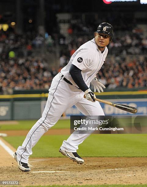 Miguel Cabrera of the Detroit Tigers runs to first base against the New York Yankees during the game at Comerica Park on May 10, 2010 in Detroit,...