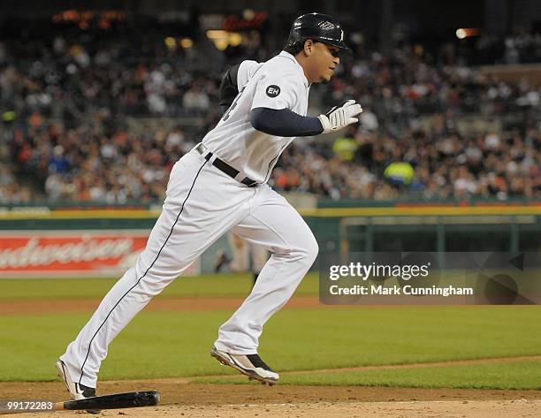 Miguel Cabrera of the Detroit Tigers runs to first base against the New York Yankees during the game at Comerica Park on May 10, 2010 in Detroit,...