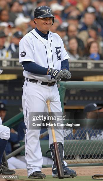 Magglio Ordonez of the Detroit Tigers waits on-deck to bat against the New York Yankees during the game at Comerica Park on May 10, 2010 in Detroit,...