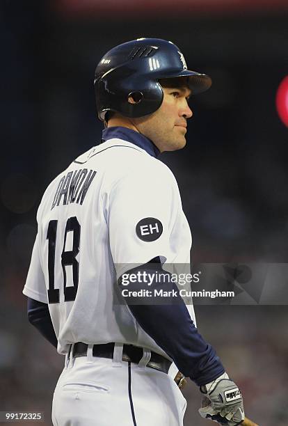 Johnny Damon of the Detroit Tigers looks on against the New York Yankees during the game at Comerica Park on May 10, 2010 in Detroit, Michigan. The...