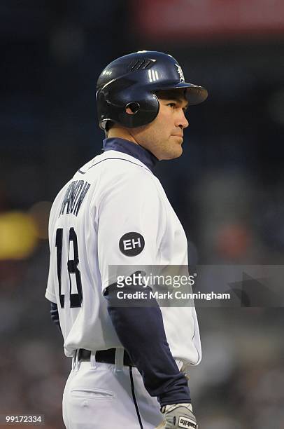 Johnny Damon of the Detroit Tigers looks on against the New York Yankees during the game at Comerica Park on May 10, 2010 in Detroit, Michigan. The...