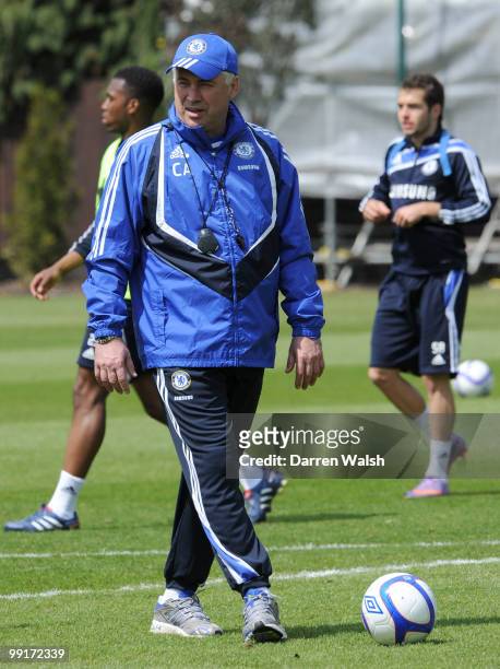 Chelsea manager Carlo Ancelotti during a training session at the Cobham Training ground on May 13, 2010 in Cobham, England.
