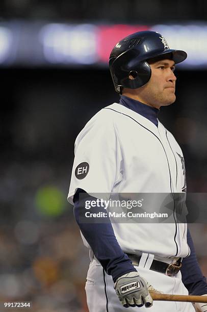 Johnny Damon of the Detroit Tigers looks on against the New York Yankees during the game at Comerica Park on May 10, 2010 in Detroit, Michigan. The...