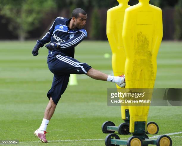 Ashley Cole of Chelsea during a training session at the Cobham Training ground on May 13, 2010 in Cobham, England.