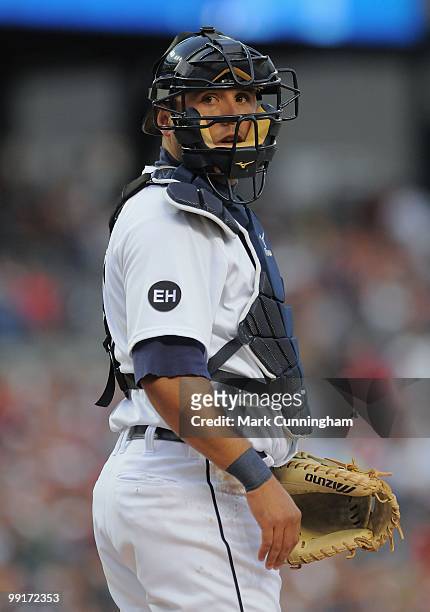 Gerald Laird of the Detroit Tigers looks on against the New York Yankees during the game at Comerica Park on May 10, 2010 in Detroit, Michigan. The...
