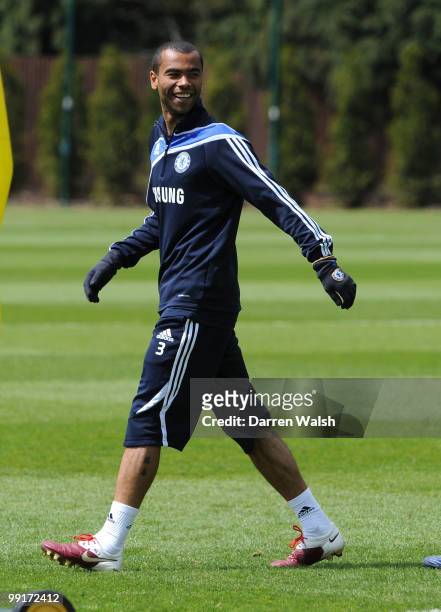 Ashley Cole of Chelsea during a training session at the Cobham Training ground on May 13, 2010 in Cobham, England.