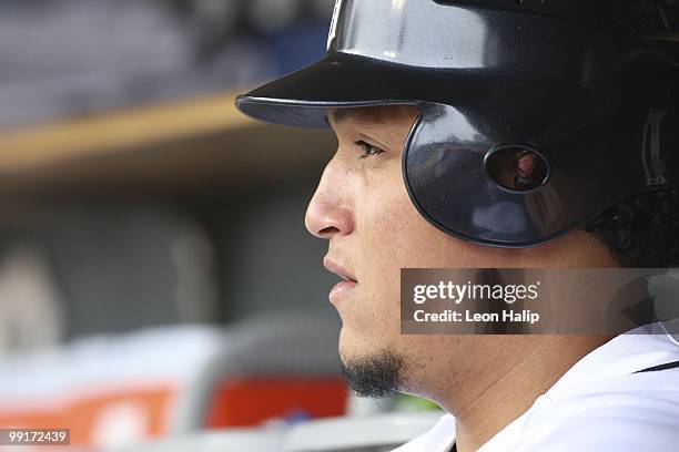 Miguel Cabrera of the Detroit Tigers watches the play from the dugout in the sixth inning against the New York Yankees on May 12, 2010 at Comerica...