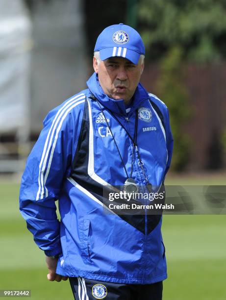 Chelsea manager Carlo Ancelotti during a training session at the Cobham Training ground on May 13, 2010 in Cobham, England.