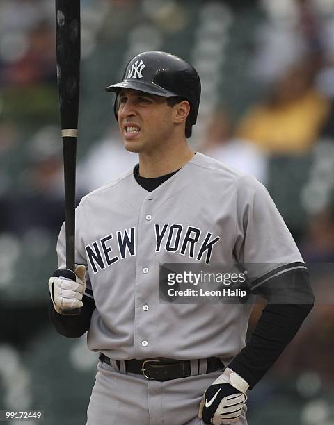Mark Teixeira of the New York Yankees bats in the first inning against the Detroit Tigers on May 12, 2010 at Comerica Park in Detroit, Michigan. The...