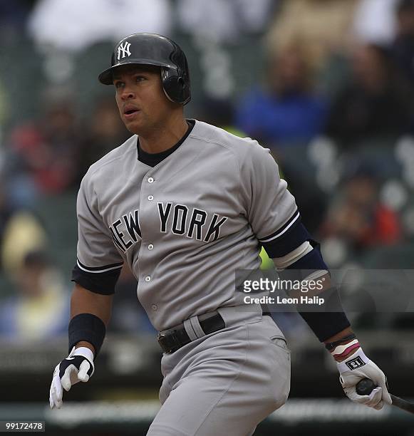 Alex Rodriguez of the New York Yankees bats in the second inning against the Detroit Tigers on May 12, 2010 at Comerica Park in Detroit, Michigan....