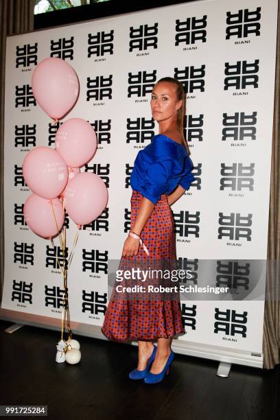 Sina Tkotsch attends the Riani after show party during the Berlin Fashion Week Spring/Summer 2019 at Grace Hotel Zoo on July 4, 2018 in Berlin,...