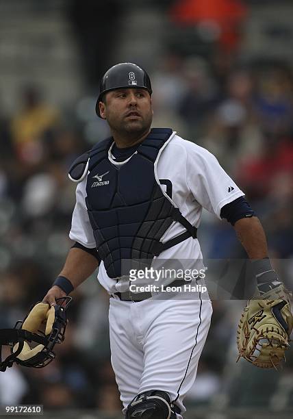 Gerald Laird of the Detroit Tigers calls the infield setup during the seventh inning against the New York Yankees on May 12, 2010 at Comerica Park in...