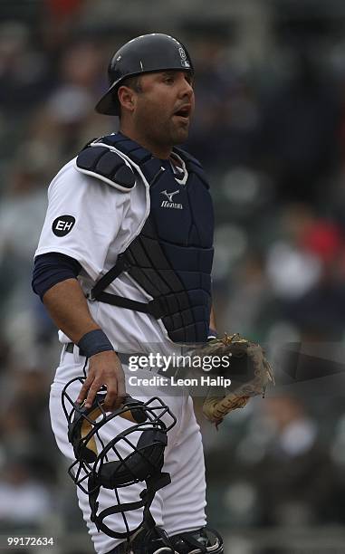 Gerald Laird of the Detroit Tigers calls the infield setup during the seventh inning against the New York Yankees on May 12, 2010 at Comerica Park in...