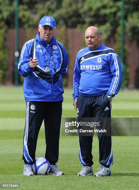 Chelsea manager Carlo Ancelotti and Ray Wilkins during a training session at the Cobham Training ground on May 13, 2010 in Cobham, England.