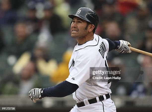 Johnny Damon of the Detroit Tigers singles to right field in the sixth inning against the New York Yankees on May 12, 2010 at Comerica Park in...