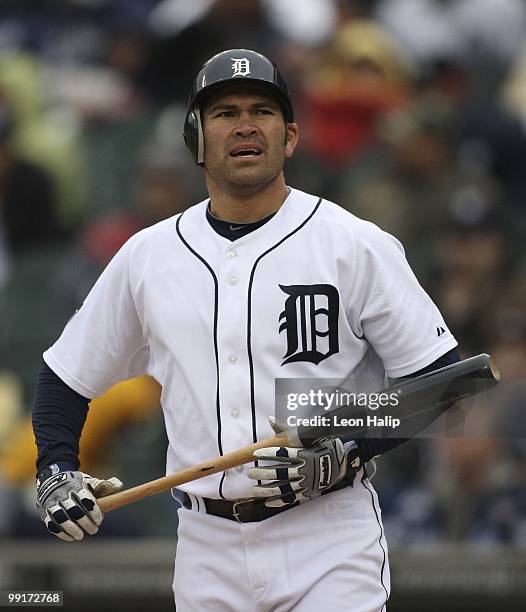 Johnny Damon of the Detroit Tigers bats during the the sixth inning against the New York Yankees on May 12, 2010 at Comerica Park in Detroit,...