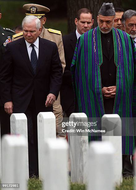 Afghanistan President Hamid Karzai visits Section 60 at Arlington National Cemetery with U.S. Secretary of Defense Robert Gates May 13, 2010 in...