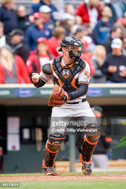 Matt Wieters of the Baltimore Orioles throws to second base against the Minnesota Twins at Target Field on May 8, 2010 in Minneapolis, Minnesota. The...